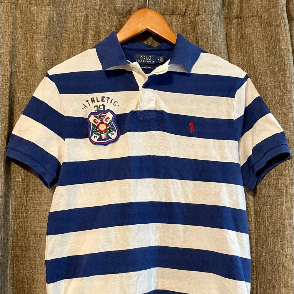Polo Ralph Lauren Custom Slim Fit Crest Rugby Polo Blue & White Striped Sz M